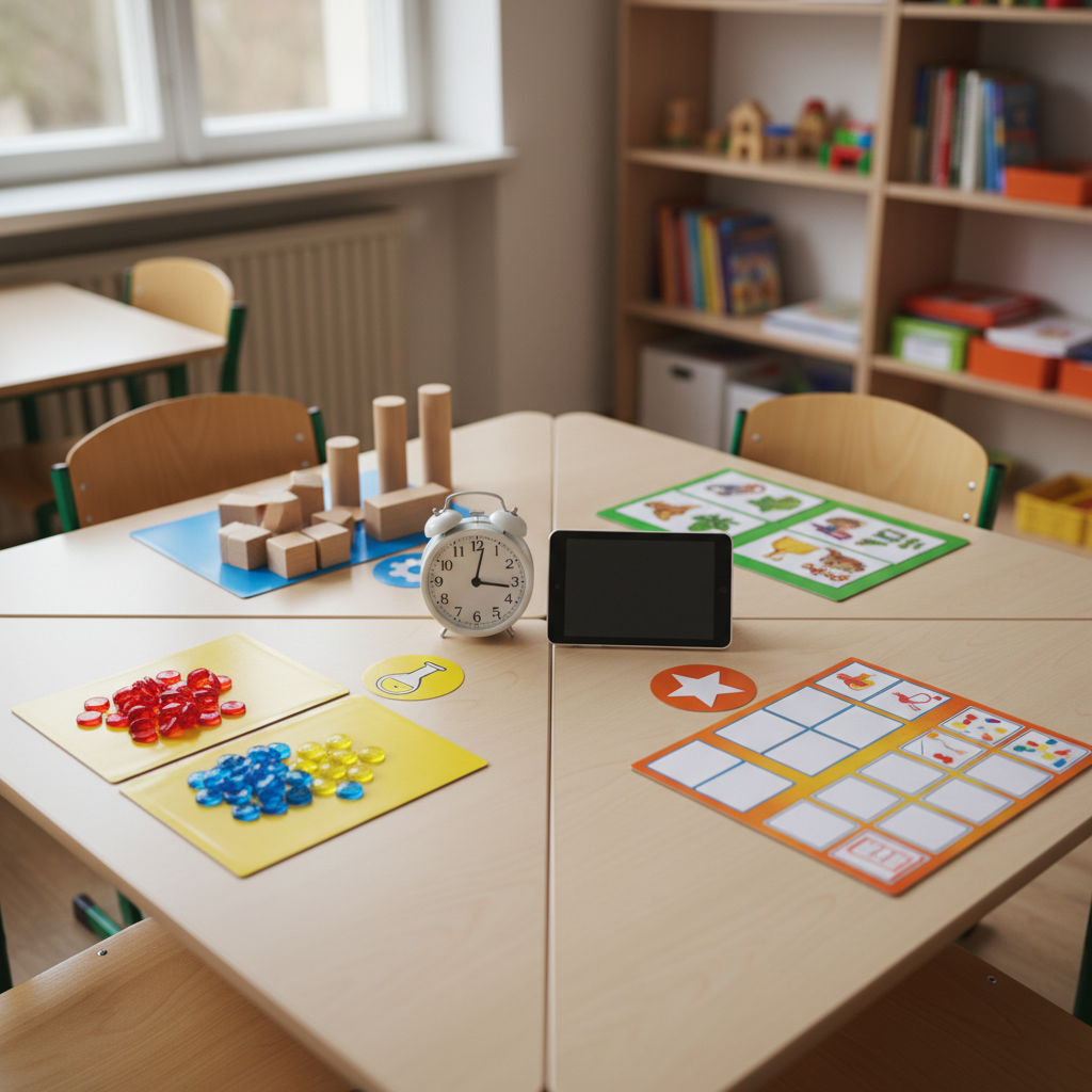 A close-up, photographic view of a single collaborative learning station in a Hungarian classroom, carefully arranged for a complex instruction activity, with no people visible. A light birch table hosts four distinct, color-coded work areas marked by geometric shapes and icons instead of text. Each zone holds different tactile materials: smooth wooden blocks, laminated picture cards with glossy finish, transparent counting chips, and sturdy cardboard task boards. An analog classroom clock and a small, non-logoed tablet rest at the center, signaling structured time and digital support. Soft overhead lighting and indirect daylight from the side create even illumination and minimal shadows. Shot from a slightly elevated angle with shallow depth of field, the foreground materials crisp and the distant shelves gently blurred, the mood is focused, organized, and professionally designed for inclusive child learning.
