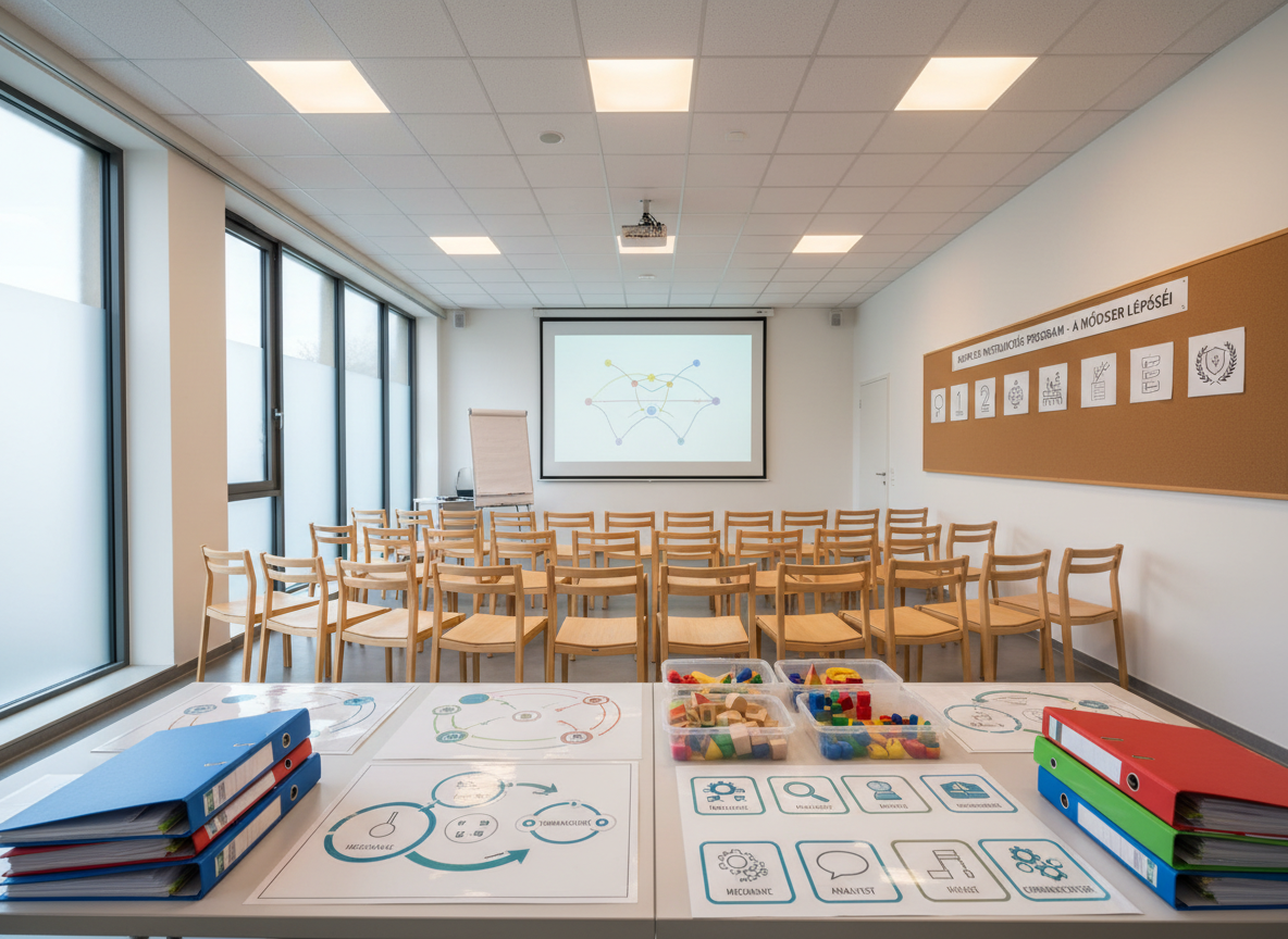 A photographic, wide-angle interior of a dedicated training room for the Komplex Instrukciós Program, meticulously staged but completely empty of people. In the foreground stands a large, central demonstration table covered with sample lesson materials: binders with color-coded tabs, printed visual schemes, laminated role cards using icons, and small containers of manipulatives. Around the room, rows of simple chairs face a projection screen showing an abstract, text-free diagram suggesting cooperation. Natural light from side windows mixes with warm ceiling panels, creating a balanced, professional brightness. On one side, a bulletin board displays a sequence of numbered pictograms representing the steps of the method. Captured from a corner at slightly elevated height, with sharp focus, the composition emphasizes structure, expertise, and the established, research-based nature of the instructional approach.