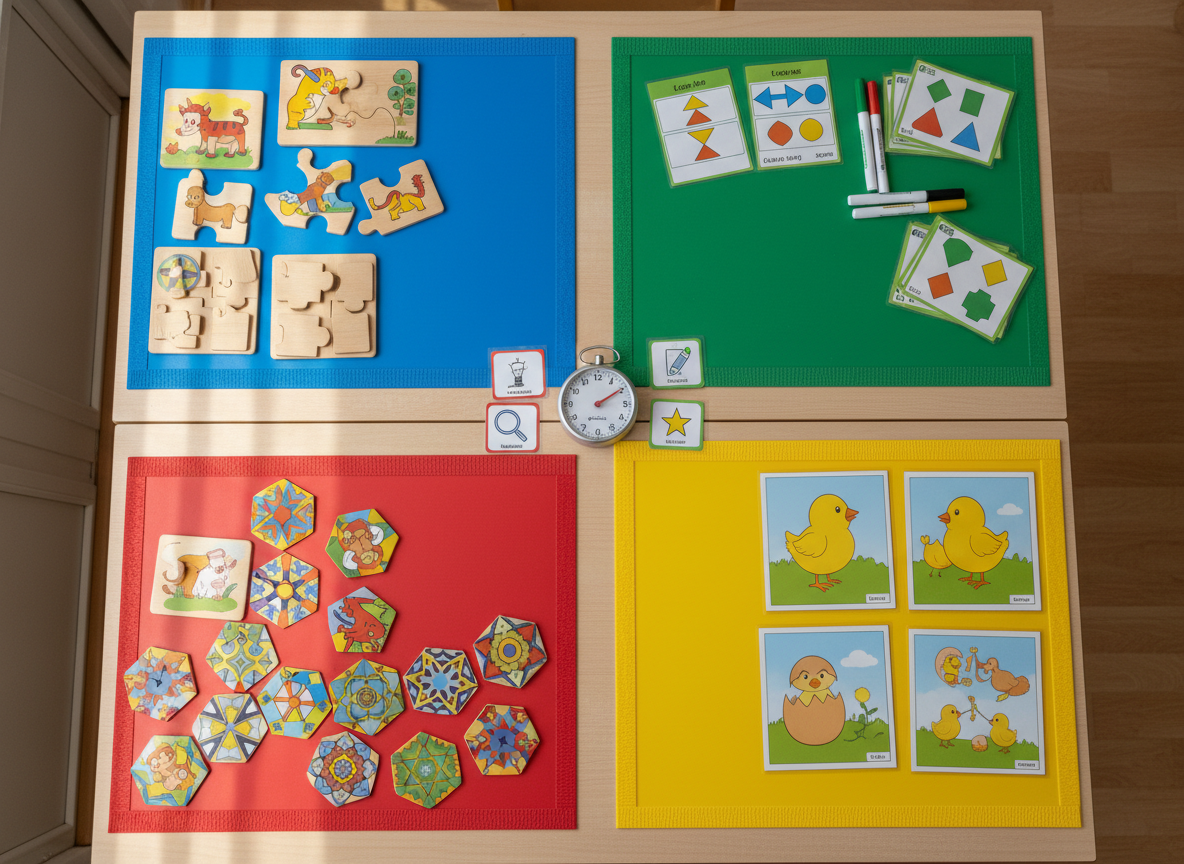 A detailed, photographic overhead view of a differentiated task layout prepared on a large pale wooden classroom table, representing the Komplex Instrukciós Program’s structured group work, with no people. Distinct zones on the table are separated by colored cardboard strips, each area containing clearly leveled materials: simple picture puzzles, multi-step logic cards, story-sequencing images, and advanced pattern tiles. A small, analog timer with a clean white face and a stack of icon-marked role cards sit at the center, symbolizing time management and shared responsibility. Soft afternoon daylight from a nearby window creates gentle highlights on laminated surfaces and subtle shadows along the colored dividers. The composition is shot straight from above, creating a clear, diagram-like impression that feels analytical yet inviting, underlining professional planning and adaptive child education.